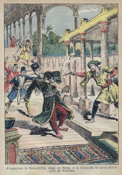 Asesinato de Nasser Ed Din (1831-1896), Shah de Persia (Irán) en 1896 - Ilustración de Achille Lemot para Le-Pelerin de 1896 de Achille Lemot