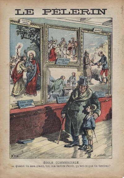 Caricatura antisemita de Achille Lemot para "Le-Pelerin" de septiembre de 1896 - Escuela Comercial: cuando te conviertas en un crant, mi cama Jacob, ¿qué dividirás? de Achille Lemot