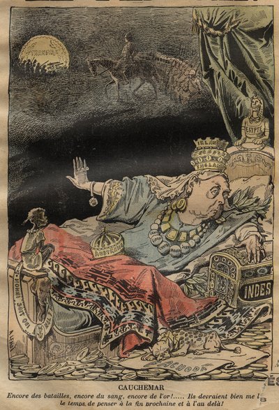 Caricatura de la Reina Victoria por Achille Lemot (1846-1909) - 1899 - Pesadilla - más batallas, más sangre, más oro... de Achille Lemot