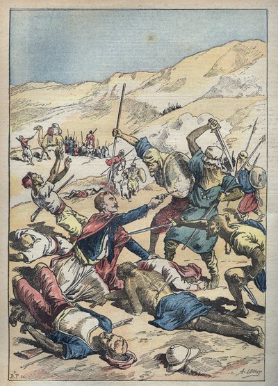Muerte del Marqués de Mores (Antoine-Amedee-Marie-Vincent) Manca de Vallombrosa (1858-1896) y sus compañeros cerca de El-Ouatia en Túnez en 1896 - Ilustración de Achille Lemot en Le-Pelerin de junio de 1896 de Achille Lemot