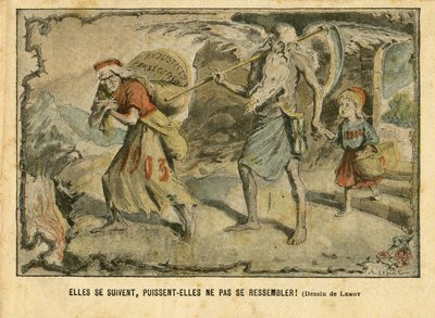 Ilustración de Achille Lemot (1846-1909) en Le Pelerin, 03/01/04 - Se siguen unos a otros, ¡que no sean los mismos! Injusticia Persecuciones - Infancia, Religión Fe, Tiempo/Estaciones, Año Nuevo - Marianne, Tiempo (Alegoría de) - Alegoría, Oposición/Asocia de Achille Lemot