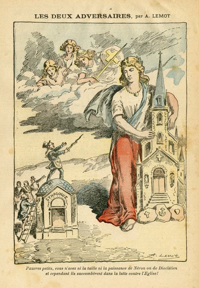 Ilustración de Achille Lemot en Le Pelerin, 09/09/06 - Los dos adversarios - Antisemitismo, Religión Fe, Bandera tricolor, Catedrales Iglesias, Sinagoga, Catolicismo - Alegoría, Cambio de escala de Achille Lemot