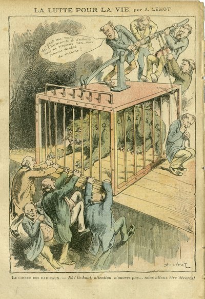 Ilustración de Achille Lemot (1846-1909) en Le Pelerin, 21/04/07 - La lucha por la vida - Socialismo, Radical-Socialismo - Animalización de Achille Lemot