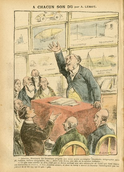 Ilustración de Achille Lemot (1846-1909) en Le Pelerin, 22/09/07 - Modernidad, Automóvil, Religión Fe, Ateísmo, Progreso, Telégrafo, Telegrafía Inalámbrica, Teléfono, Radio, Catolicismo - Intelectual de Achille Lemot