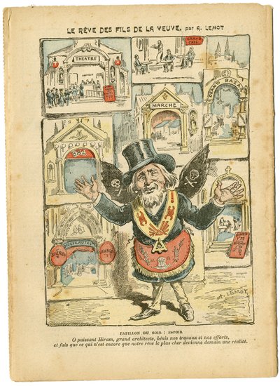 Ilustración de Achille Lemot (1846-1909) en Le Pelerin, 23/09/06 - El sueño de los hijos de la viuda - Antimilitarismo, Religión Fe, Iglesias Catedrales, Catolicismo - Laicización del espacio religioso, Laicización Laicidad Leyes laicas - Hiram de Achille Lemot
