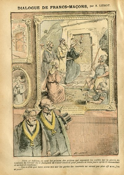 Ilustración de Achille Lemot (1846-1909) en Le Pelerin, 31/03/07 - Diálogo de Francmasones - Arte, Antimasonismo, Religión Fe, Catolicismo - Separación de Iglesia y Estado, Inventarios/Reacciones a inventarios de Achille Lemot