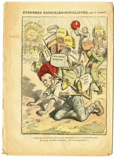 Ilustración de Achille Lemot (1846-1909) en Le Pelerin, 03/01/09 - Cuerdas radical-socialistas - Radicalismo, Enseñanza, Religión Fe, Marruecos, Ateísmo, Partido Radical y Radical-Socialista, Catolicismo Católico - Laicización Laicidad Laicos - Clemenceau  de Achille Lemot