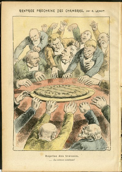 Ilustración de Achille Lemot (1846-1909) en Le Pelerin, 03/06/06 - Próximo alquiler de las cámaras - Antiparlamentarismo, Cámara de Diputados Hemiciclo, Galette des rois - Diputado de Achille Lemot