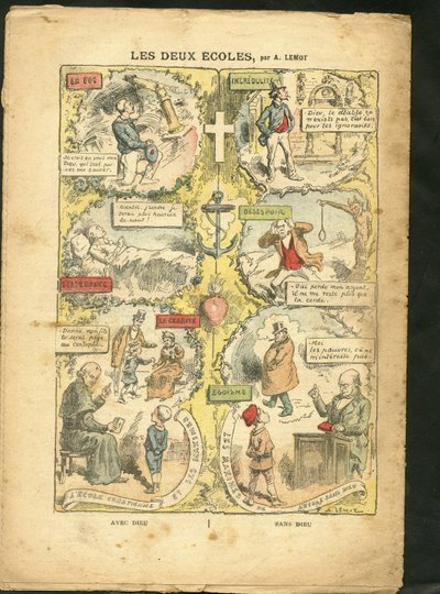 Ilustración de Achille Lemot (1846-1909) en Le Pelerin, 04/04/09 - Las dos escuelas - Enseñanza, Religión Fe, Catolicismo - Laicización Laicidad Leyes - Maestro, Estudiante de liceo, colegial, Curas de Achille Lemot