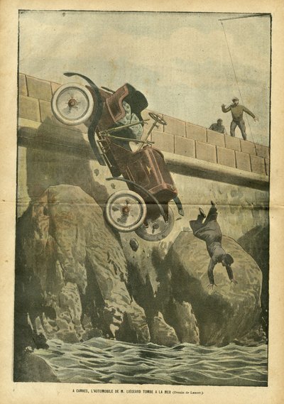 Ilustración de Achille Lemot (1846-1909) en Le Pelerin, 05/05/07 - En Cannes, el automóvil del Sr. Liegard cae al mar - Hechos diversos, Automovilismo, Marina Marítima Costera, Accidentes Desastres de Achille Lemot
