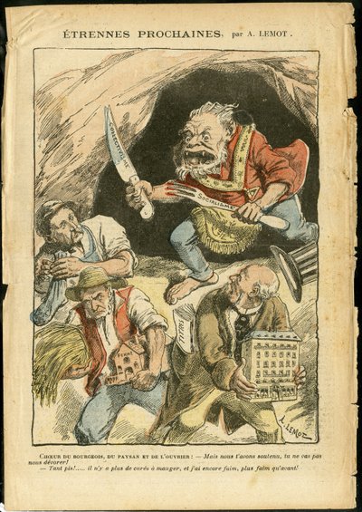 Ilustración de Achille Lemot (1846-1909) en Le Pelerin, 07/01/06 - Próximo extranjero - Agricultura, Colectivismo, Socialismo - Trabajador, Campesinos, Agricultores - Ogro/comer/tragar, Animalización de Achille Lemot