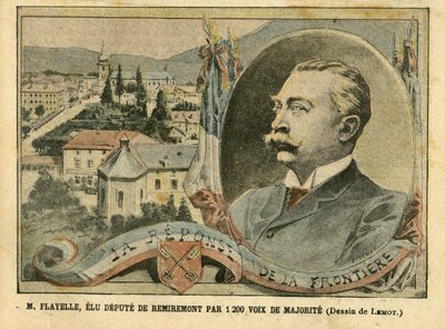 Ilustración de Achille Lemot en Le Pelerin, 07/02/04 - M. Flayelle, elegido diputado de Remiremont por 1200 votos de mayoría - Elecciones, Alsacia Lorena, Cámara de Diputados Hemiciclo, Patriotismo, Fronteras, Remiremont, Vosgos - Diputado, Flayelle de Achille Lemot