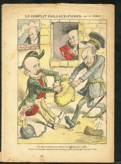Ilustración de Achille Lemot (1846-1909) en Le Pelerin, 07/03/09 - El Conflicto Caillaux-Picard - Tributación, Impuesto sobre la renta - Combes Emile (1835-1921), Clemenceau George, Caillaux Joseph (1863-1944) de Achille Lemot