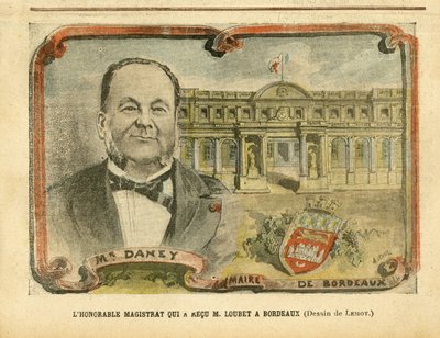 Ilustración de Achille Lemot en Le Pelerin, 07/05/05 - El honorable magistrado que recibió a M. Loubet en Burdeos - Arquitectura Urbanismo, Presidente de la República, Burdeos - Alcalde, Daney Alfred de Achille Lemot