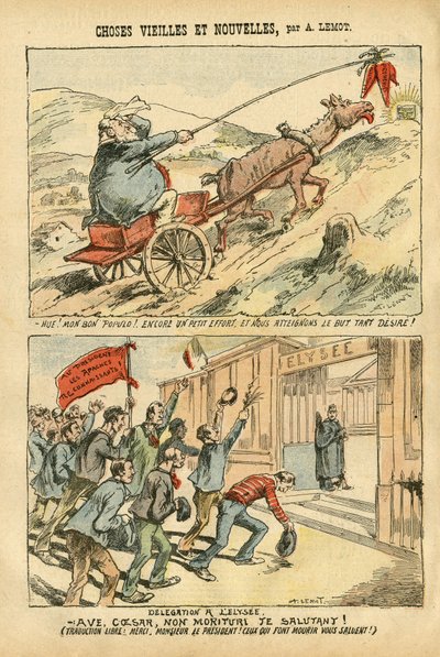 Ilustración de Achille Lemot (1846-1909) en Le Pelerin, 20/10/07 - cosas viejas y nuevas - Elíseo, Socialismo, Ministerio - Jaurès Jean, Ane - Portafolio de Achille Lemot