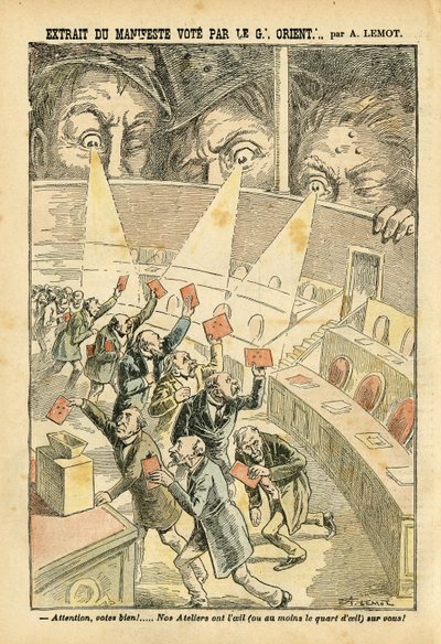 Ilustración de Achille Lemot (1846-1909) en Le Pelerin, 20/11/04 - Extracto del manifiesto votado por el Gran Oriente - Antimasonismo Francmasonería, Gran Oriente de Francia - Urna de Achille Lemot