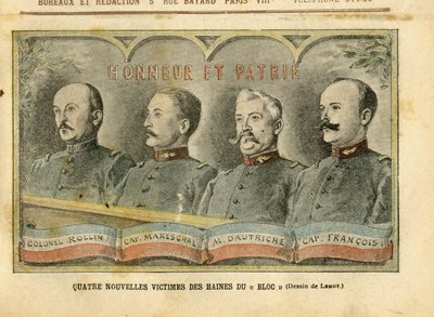 Ilustración de Achille Lemot (1846-1909) en Le Pelerin, 20/11/04 - Cuatro nuevas víctimas de los odios del Bloque - Ejército, Affaire des fiche, Patriotismo - Coronel Rollin, Capitán Mareschal, Dautriche, Capitán François de Achille Lemot