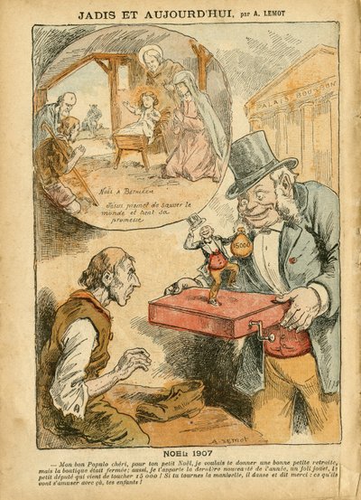 Ilustración de Achille Lemot (1846-1909) en Le Pelerin, 22/12/07 - Antes y hoy - Jubilación de trabajadores, Antiparlamentarismo, Fe religiosa, Navidad, Cámara de Diputados, Quince mil, Indemnizaciones parlamentarias, Catolicismo de Achille Lemot