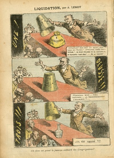 Ilustración de Achille Lemot (1846-1909) en Le Pelerin, 23/06/07 - Liquidación - Juego, Religión Fe, Plata, Catolicismo - Billón de Congregaciones - Honneteau de Achille Lemot