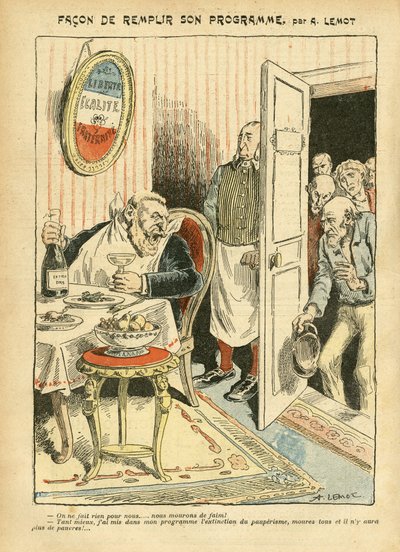 Ilustración de Achille Lemot (1846-1909) en Le Pelerin, 23/07/05 - Cómo cumplir su programa - Social, Miseria, Gastronomía cocina, Socialismo - Jaurès Jean, Diputado, Homemans - Metáfora alimentaria, Oposición/Asociación de Achille Lemot