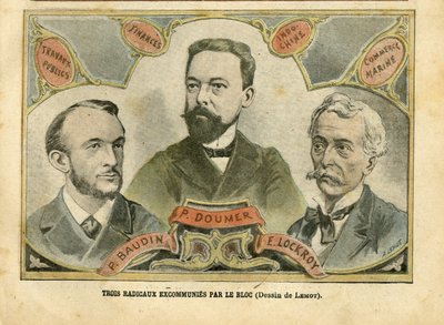 Ilustración de Achille Lemot (1846-1909) en Le Pelerin, 23/10/04 - Tres radicales excomulgados por el Bloque - Presupuesto Finanzas, Presidente de la República, Marina Marítima Náutica Balnearia, Bloque de izquierdas, Indochina, Obras públicas - Doumer Pau de Achille Lemot