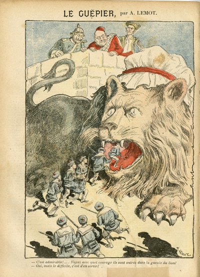 Ilustración de Achille Lemot (1846-1909) en Le Pelerin, 25/08/07 - Le Guepier - Guerra, Alemania Prusia, Inglaterra Gran Bretaña, España, Marina Marítima Costera - León/Tigre de Achille Lemot