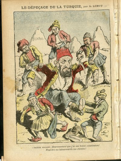 Ilustración de Achille Lemot (1846-1909) en Le Pelerin, 25/10/08 - El desmembramiento de Turquía - Turquía, Religión Fe, Balcanes, Bulgaria, Bosnia Herzegovina, Creta, Catolicismo - Abdul-Hamid II (1842-1918) de Achille Lemot