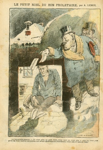Ilustración de Achille Lemot (1846-1909) en Le Pelerin, 25/12/04 - La Navidad del buen proletario - Elecciones, Miseria, Invierno, Vida de los ricos, Socialismo - Trabajador, Miserable, Pobre, SDF - Oposición/Asociación de Achille Lemot