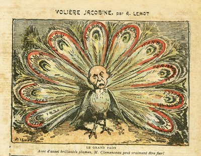 Ilustración de Achille Lemot (1846-1909) en Le Pelerin, 26/01/08 - Voliere jacobine - Bloque de izquierdas, Crisis del vino Revuelta de los viticultores, Narbonne, Beziers, Aurore (diario) - Clemenceau George, Pavo real, - Animalización de Achille Lemot