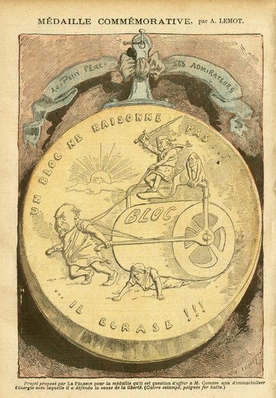 Ilustración de Achille Lemot en Le Pelerin, 26/02/05 - Medalla conmemorativa - Antimasonismo Francmasonería, Asunto de las fichas, Bloque de la izquierda - Combes Emile, Marianne - Cacerola de Achille Lemot