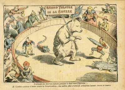 Ilustración de Achille Lemot (1846-1909) en Le Pelerin, 28/02/04 - La actitud de varias naciones... - Rusia, Guerra Ruso-Japonesa - Combes Emile, Oso, Oso de Feria - Animalización, Carnaval/Juego/Circo de Achille Lemot