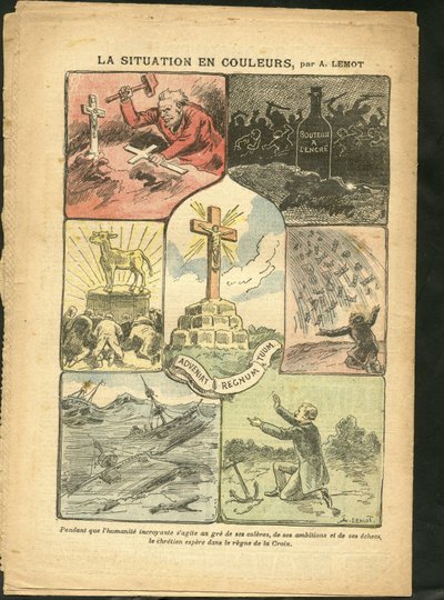 Ilustración de Achille Lemot (1846-1909) en Le Pelerin, 28/02/09 - La situación en color - Religión Fe, Marina Marítima Costera, Ateísmo, Accidentes Desastres, Desastre Natural, Cruz Cristiana, Catolicismo Católico - Becerro de Oro de Achille Lemot