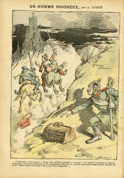 Ilustración de Achille Lemot en Le Pelerin, 28/05/05 - Un hombre cuidadoso - Anticlericalismo, Social, Colonización, Franco-Masonería, Oriente, Religión Fe, Bloque de Izquierda, Socialismo, Protectorado del Catolicismo Oriental, Catolicismo de Achille Lemot