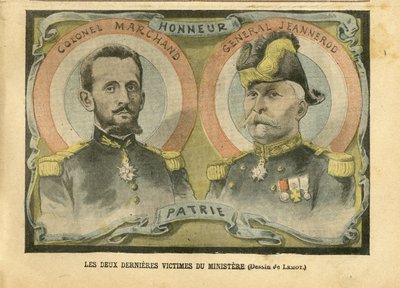 Ilustración de Achille Lemot en Le Pelerin, 29/05/04 - Las dos últimas víctimas del ministerio - Ejército, Ministerio de la guerra, Patriotismo - Laicización, Laicidad, Leyes laicas - Marchand Jean-Baptiste, General, Jeannerod Gaspa de Achille Lemot