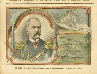 Ilustración de Achille Lemot en Le Pelerin, 30/04/05 - El líder del nuevo Escuadrón del Lejano Oriente Ruso - Rusia, Ejército, Marina Marítima, Buques de Guerra - Almirante, Rodjestvensky de Achille Lemot