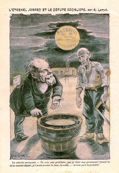 Diputado socialista prometiendo la luna (jubilación) a un pobre proletario (carpintero), en Le Pelerin, semanario católico N°1391 del 30 de agosto de 1903 por A. Lemot (dibujo) de Achille Lemot