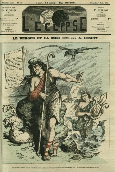 El pastor y el mar ilustra una fábula para reemplazar la caricatura de Gill “Las ranas que piden un rey” prohibida por la censura. Portada en “L