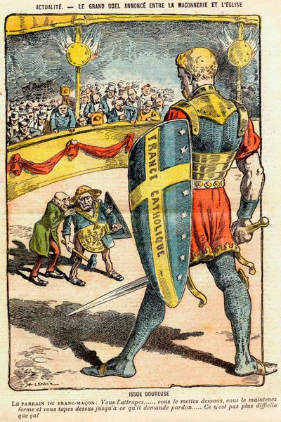 El gran duelo anunciado entre la Masonería y la Iglesia Resultado Dudoso - El padrino del Francmasón: ¡Lo atrapas, lo pones abajo, lo sostienes firme y lo golpeas hasta que pida perdón, no es más difícil que eso! - Caricatura de Achille de Achille Lemot