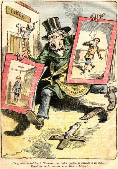 Los resultados: un liceano se suicida en Clermont, otro en Bourg: ¡resultados de la moralidad sin Dios en la escuela! - Caricatura de Achille Lemot (1846-1909) en Le Pelerin (1909) - oposición de enseñanza laica y religiosa (Católica) - un funcionario de l de Achille Lemot