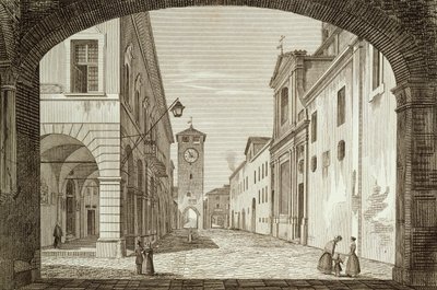 Vista de la plaza de Castel Bolognese en la Legación de Rávena, grabada por Achille Parboni (1783-1841), Italia de Achille Parboni
