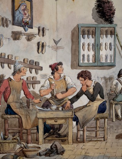 Interior del taller de zapatero de Achille Pinelli