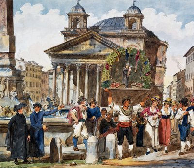 Festival de la fresa en el Panteón en Roma, acuarela de Achille Pinelli (1809-1841), Italia de Achille Pinelli