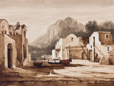 Pueblo costero napolitano, posiblemente Capri con Monte Solaro, con adiciones del Príncipe Alfonso María di Borbone (1841-1934) de Achille Vianelli
