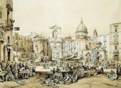 Porta Capuana en Nápoles, de Achille Vianelli (1803-1894), sepia, 43x60,5 cm de Achille Vianelli