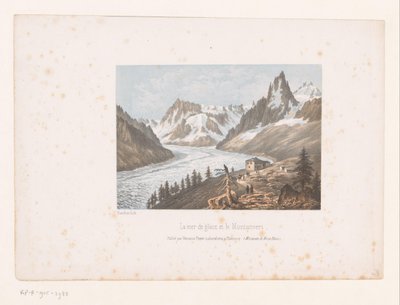 Vista del glaciar Mer de Glace y Montanvert en el valle de Chamonix La mer de glace et le Montanvert (título sobre objeto) Vistas del Mont Blanc y Chamonix (título de la serie) Museum du Mont Blanc (título de la serie sobre el objeto) de Ad. Cuvillier