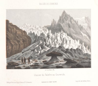 Vista de la piedra de Couvercle en el glaciar de Talèfre Glacier du Talèfre au Couvercle (título sobre el objeto) Memoria de Chamonix-Mont-Blanc (título de serie) Museum du Mont-Blanc (título de la serie sobre el objeto) de Ad. Cuvillier