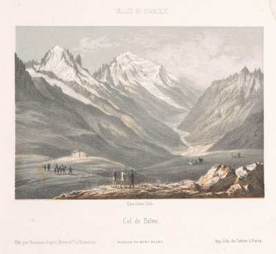 Vista del pueblo de Les Planards en la carretera de Montenvers Les Planaz, chemin du Montanvert (título sobre objeto) Memoria de Chamonix-Mont-Blanc (título de serie) Museo del Mont Blanc (título de la serie) de Ad. Cuvillier