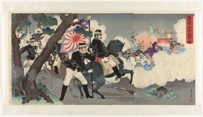 Imagen de nuestro ejército derrotando a los chinos en Pyongyang Waga gun Heijô no shinhei o gekiha suru zu (título sobre objeto) de Adachi  Ginkō