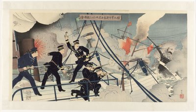 Kabayama, jefe del mando naval, ataca un barco enemigo con el Seikyô Maru Kabayama gunreibuchô Seikyô Maru o motte tekikan ni ataru (título sobre el objeto) de Adachi  Ginkō