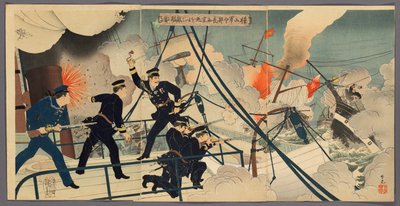 Kabayama, el jefe del estado mayor naval, atacando barcos enemigos desde el Saikyomaru de Adachi  Ginkō